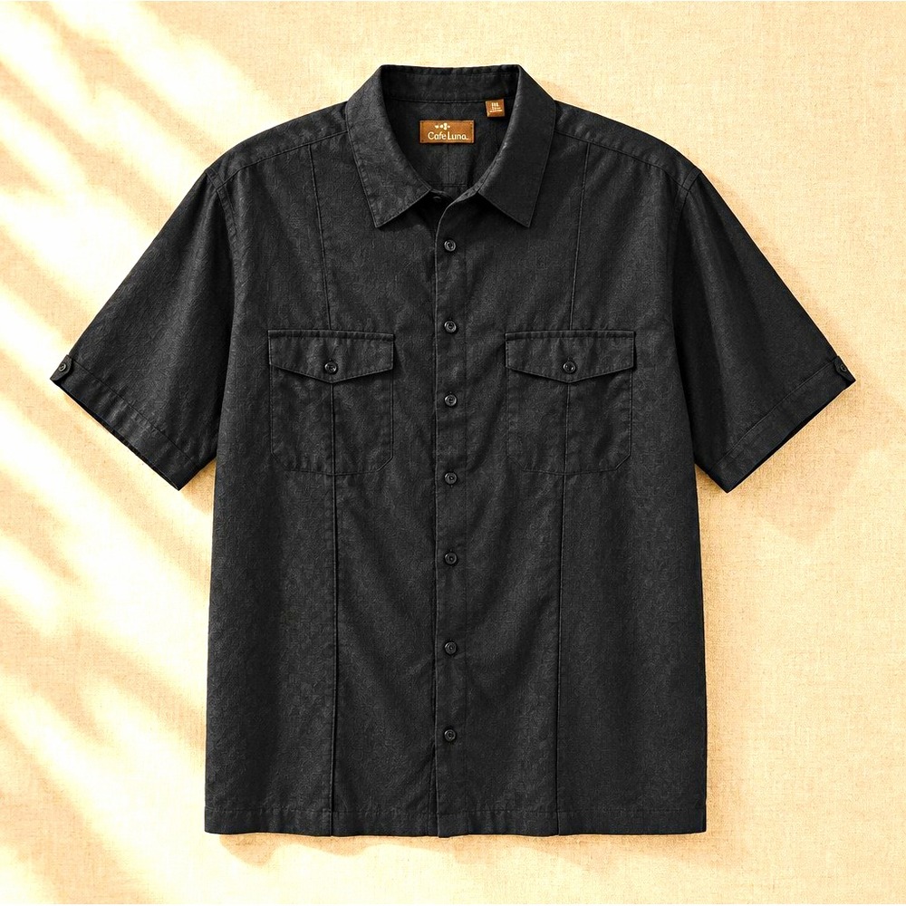 Cafe Luna Mens 2XL Black Solid Linen Cotton Short Sleeve Button-Up Shirt Pockets
